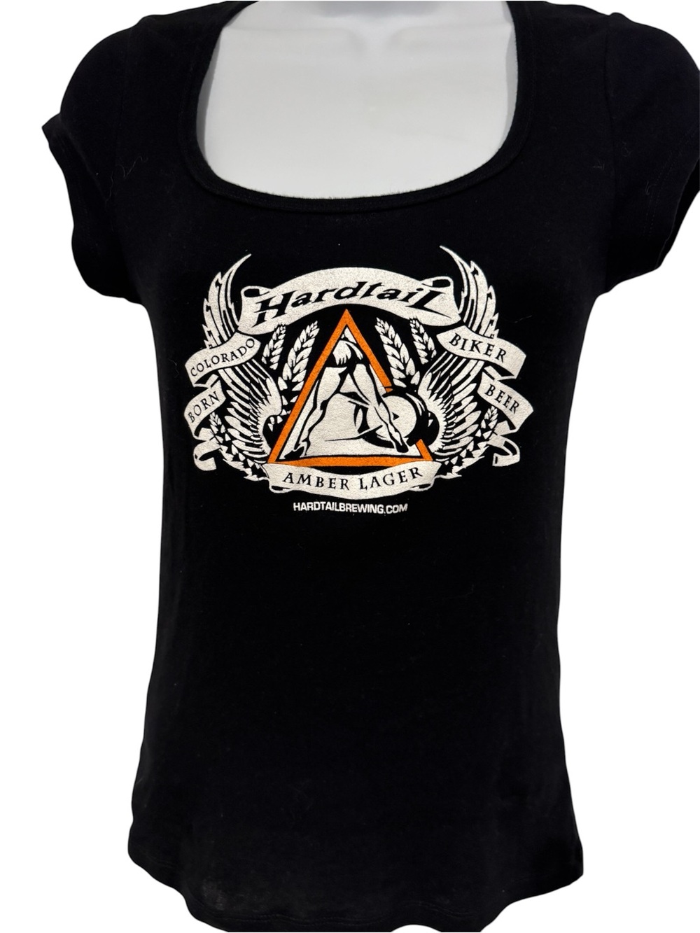 Abella Black Tee with Orange and White Hardtail Amber Lager Graphic